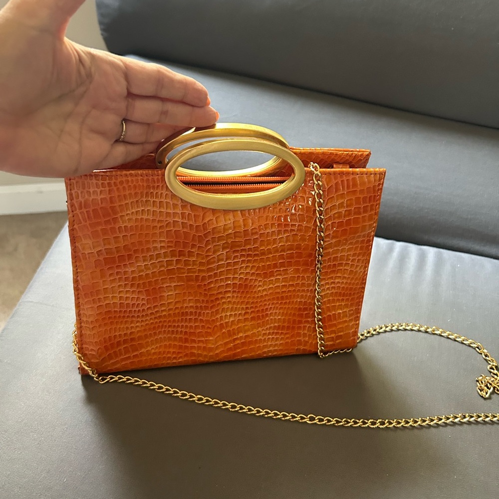 Mario Bellini Orange Crocodile Clutch with Gold Accents